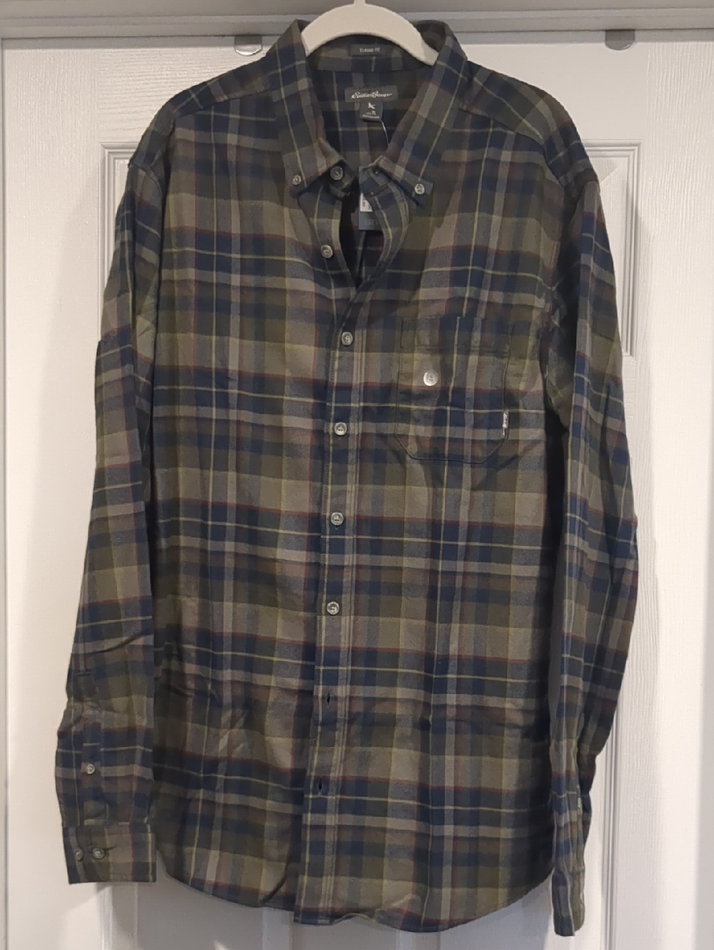 NWT Eddie Bauer Olive, Navy & Brown Plaid Button-Down Shirt 100% Cotton